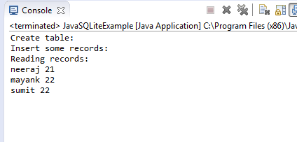 Java SQLite Tutorial Output